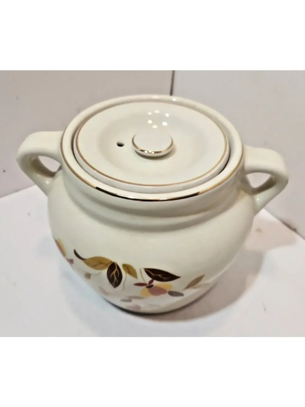 Vtg Hall Autumn Leaf 2 1/4 QT 2 Handled Bean Pot & Lid Mary Dunbar MCM Jewel